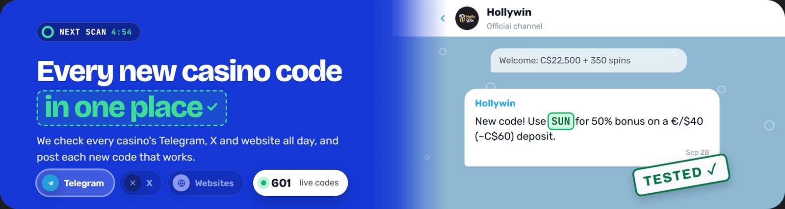 CasinoCodes.today homepage hero: Every new casino code in one place, with a Telegram code stamped as tested and the live code count